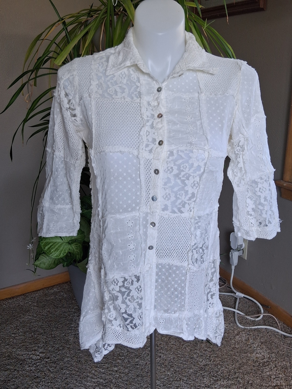 Paper Lace Cream Tunic Lagenlook Boho Artsy Patchwork Cottagecore Whimsy Medium